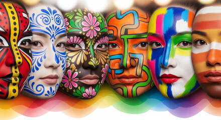 Close-up of brightly painted faces representing different types of people. Faces painted in different colors as a symbol of global unity, cultural diversity, celebration of languages ​​and equality 