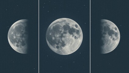 Moon Phases Triptych — Elegant lunar cycle wall art showing waxing, full, and waning moon across three panels in silver tones.