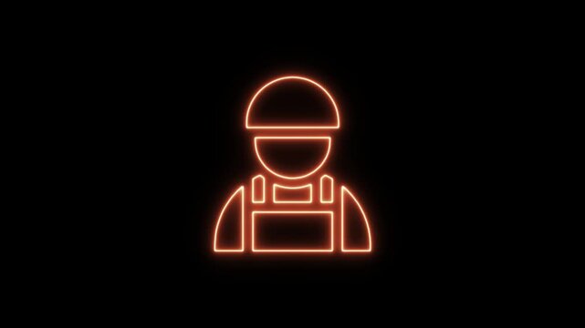 Neon orange glow construction worker icon outline symbol of industrial laborer. Neon Icon. Neon Sign