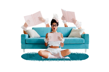 Trend artwork sketch design montage 3D collage of young lady vintage outfit sit wow face hold book read text student hobby read education