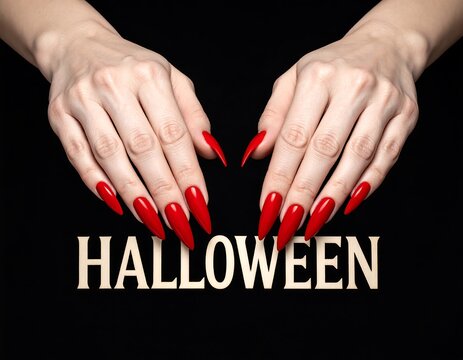 Two hands with long, pointy, red nails forming a heart shape above a wooden "HALLOWEEN" sign on a black background