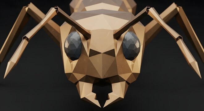 Close-up of a stylized golden ant head with faceted eyes and geometric design on a dark background.