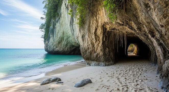 Tropical beach cave entrance with turquoise water and limestone cliffs under a bright sky - Powered by Adobe
