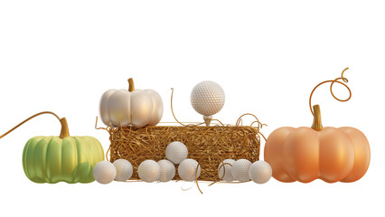 autumn pumpkin and golf ball on golf tee 3D rendering