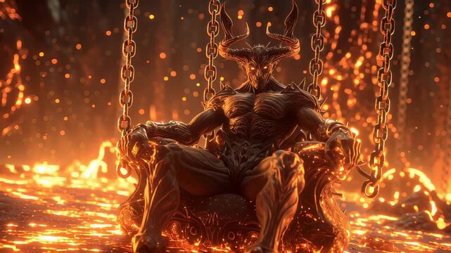 A demon lounges on a fiery throne, molten gold dripping like rivers as smoke coils upward, suggesting greed, wealth, power and corrupt desire in an infernal court concept