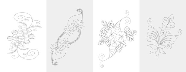 Floral Embroidery Flower Line Art Drawing Vector set and Decorative Botanical Ornament Vintage Design