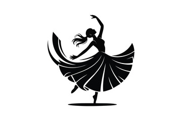 Silhouette of a ballerina dancing gracefully, isolated on white background