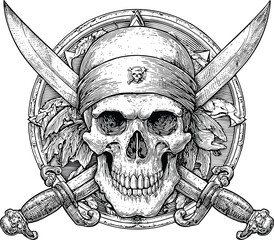 Pirate Skull with Crossed Sword Vector Illustration on White Background