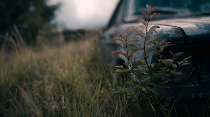 A young plant grows through the rusted hood of an abandoned car in an overgrown field