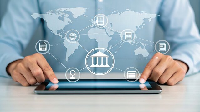 Global financial technology and banking services on a digital tablet
