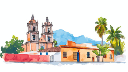 Oaxaca Historic Center. Oaxaca Historic Center hand drawn watercolor illustration