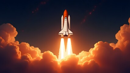 Fototapeta premium Dramatic Low-Angle View of a Space Shuttle Launching into the Dark Sky with Immense, Glowing Orange Exhaust Plumes