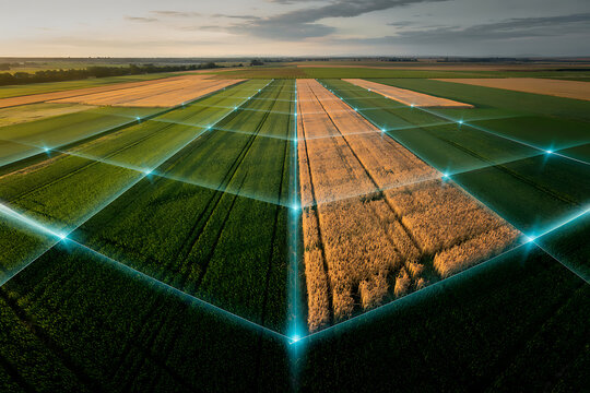 Smart farming aerial view technology precision agriculture data network green fields crops