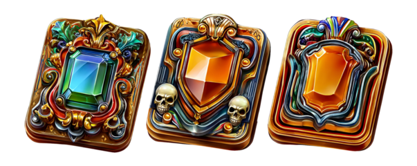 Glossy 3D Cartoon Icons with Colorful Gems and Decorative Frames Isolated
