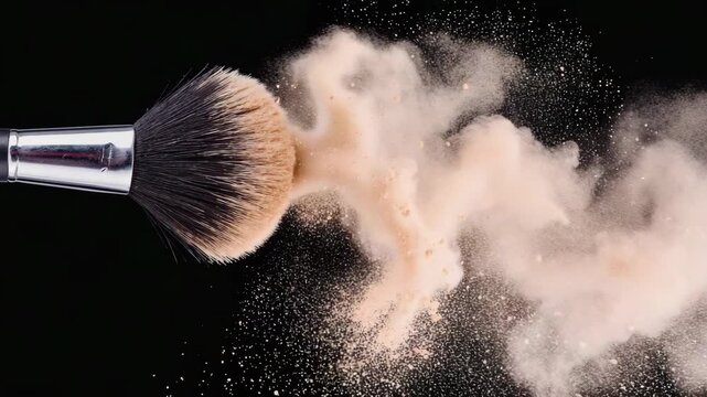 Make up brush and colored powder, particles exploding on black background
