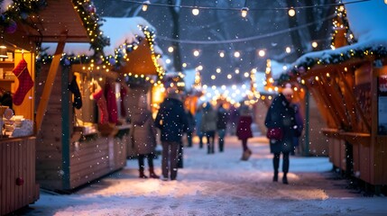 Couple Walking Through Snowy Street Market with Lights and Decorations