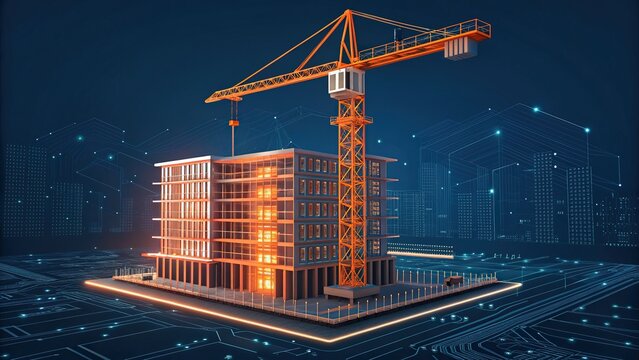 Futuristic digital construction site with glowing building and crane
