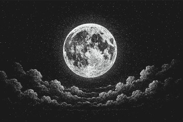 Black and white dotwork illustration of the full moon surrounded by clouds, detailed stippling style night sky artwork