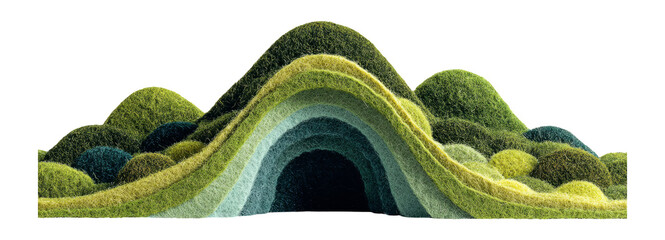 Lush Green Landscape with Rolling Hills and Abstract Shapes on Transparent Background