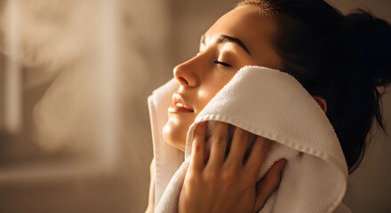 Woman enjoying a rejuvenating facial steam treatment with a warm towel, promoting skincare, relaxation, and wellness at home or a spa