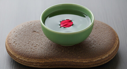 Minimalist Ceramic Bowl with Clear Water on Flat Earthy Rock Base and Single Red Cherry Blossom Petal
