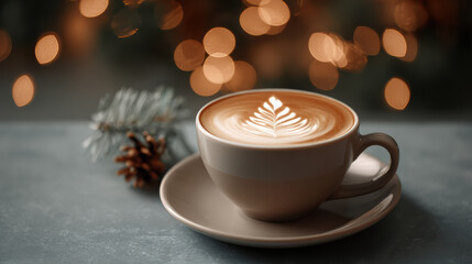 Cozy warm cappuccino with Christmas tree latte art. This festive holiday beverage on table with beautiful bokeh background for cold winter day