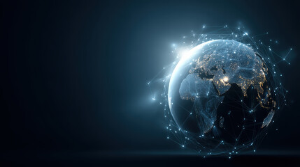 Hopeful view of an illuminated earth globe with digital global network. Futuristic technology and worldwide connection from space concept