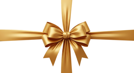 Golden Satin Ribbon Bow on Transparent Background, Luxurious Gold Gift Ribbon Tied in Elegant Bow, High-Quality Studio Shot of Shiny Satin Ribbon, Decorative Golden Bow Isolated with Checkerboard Patt