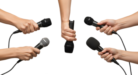 Multiple Hands Holding Microphones on Transparent Background, Press Conference Concept with Reporters’ Hands and Mics, Group of Interview Microphones Held by Different People, Journalism and Media Com