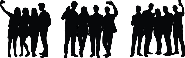 Group selfie silhouette, business people taking selfies, modern social interaction, smartphone culture, teamwork, digital lifestyle, corporate fun, mobile photography, urban networking moment