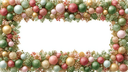 Festive Christmas decoration frame and border with shiny bauble ornament for joyful holiday celebration. Blank rectangle background for copy space