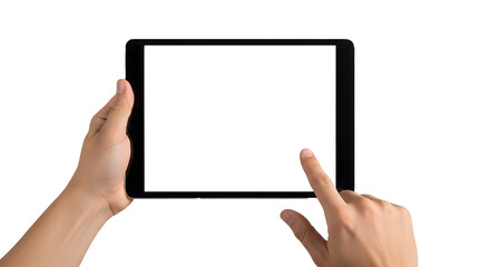Hands Holding Black Tablet with Blank Screen on Transparent Background, Digital Device Interaction Concept with Touch Gesture, Horizontal Tablet Display Held by Human Hands, Isolated Technology Mockup