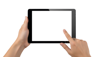 Hands Holding Black Tablet with Blank Screen on Transparent Background, Digital Device Interaction Concept with Touch Gesture, Horizontal Tablet Display Held by Human Hands, Isolated Technology Mockup