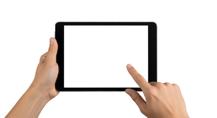 Hands Holding Black Tablet with Blank Screen on Transparent Background, Digital Device Interaction Concept with Touch Gesture, Horizontal Tablet Display Held by Human Hands, Isolated Technology Mockup