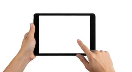 Hands Holding Black Tablet with Blank Screen on Transparent Background, Digital Device Interaction Concept with Touch Gesture, Horizontal Tablet Display Held by Human Hands, Isolated Technology Mockup