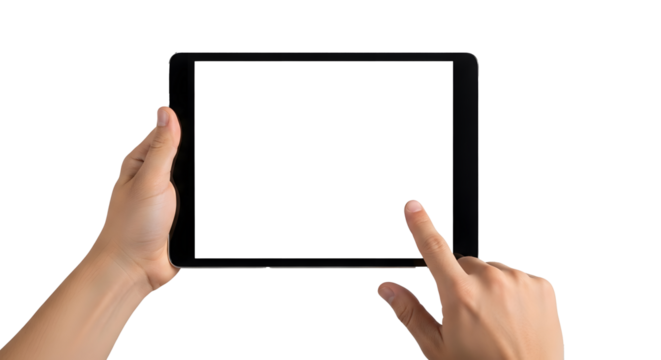 Hands Holding Black Tablet with Blank Screen on Transparent Background, Digital Device Interaction Concept with Touch Gesture, Horizontal Tablet Display Held by Human Hands, Isolated Technology Mockup