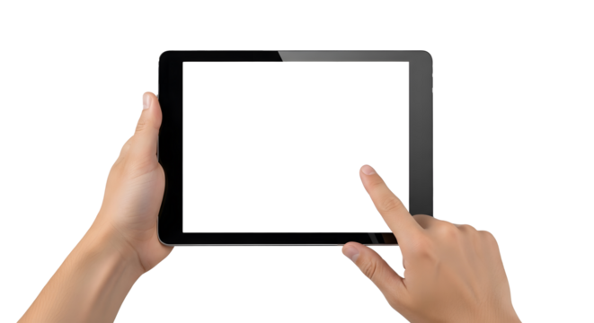 Hands Holding Black Tablet with Blank Screen on Transparent Background, Digital Device Interaction Concept with Touch Gesture, Horizontal Tablet Display Held by Human Hands, Isolated Technology Mockup