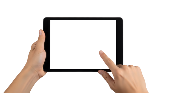 Hands Holding Black Tablet with Blank Screen on Transparent Background, Digital Device Interaction Concept with Touch Gesture, Horizontal Tablet Display Held by Human Hands, Isolated Technology Mockup