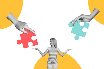 Creative photo collage young cheerful woman girl puzzle match fragments pieces hands body fragment intelligence solution