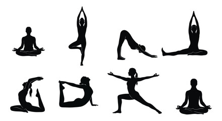 Set of silhouettes of people doing yoga poses