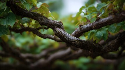 Obraz premium Gnarled woody vine branches covered in green leaves showcasing intricate textures and natural growth patterns