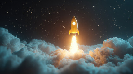 Successful yellow rocket startup launching into space with powerful blast of smoke through clouds. creative business idea taking off at night