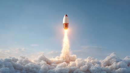Powerful rocket light bulb launch with successful blast of smoke. New idea, innovation, and startup business success flying high in sky