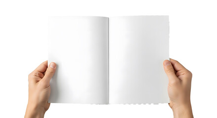 Hands Holding Open Blank Book on Transparent Background, Adult Hands Displaying White Magazine or Booklet Mockup, Open Booklet with Matte Pages Held by Human Hands, Studio Shot of Book with Blank Page