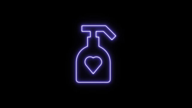 Purple neon glow liquid soap dispenser with heart symbol glowing brightly. Neon Icon. Neon Sign