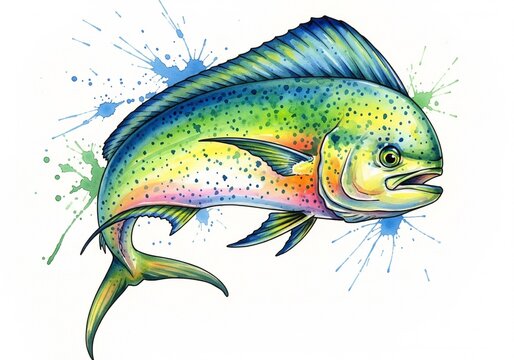 Dorado Mahi mahi watercolor fish animal sea