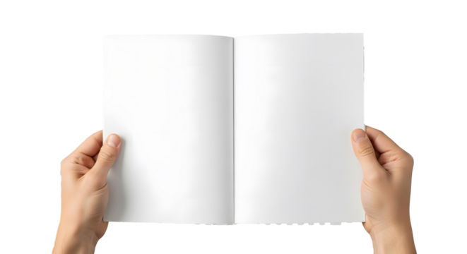 Hands Holding Open Blank Book on Transparent Background, Adult Hands Displaying White Magazine or Booklet Mockup, Open Booklet with Matte Pages Held by Human Hands, Studio Shot of Book with Blank Page