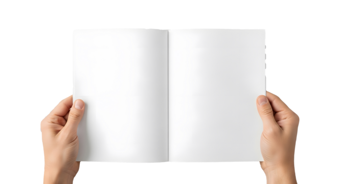 Hands Holding Open Blank Book on Transparent Background, Adult Hands Displaying White Magazine or Booklet Mockup, Open Booklet with Matte Pages Held by Human Hands, Studio Shot of Book with Blank Page
