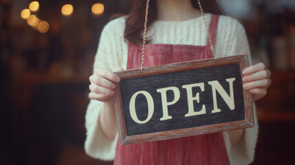 Friendly asian woman staff wearing an apron holds an open sign for her small business shop. welcoming concept for new store opening