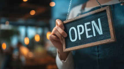 Welcoming asian staff woman wearing an apron turning an open sign board at cafe door. Ready for business and excellent customer service